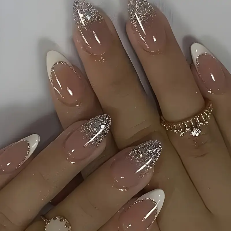 24 Piece Medium Almond Shaped Press On Nails Nude Glitter Gradient With Shimmering Pink Dot Matte Finish Includes Nail File And Gel Polish Easy To Apply DIY Fake Nails For Daily Wear And Special Events