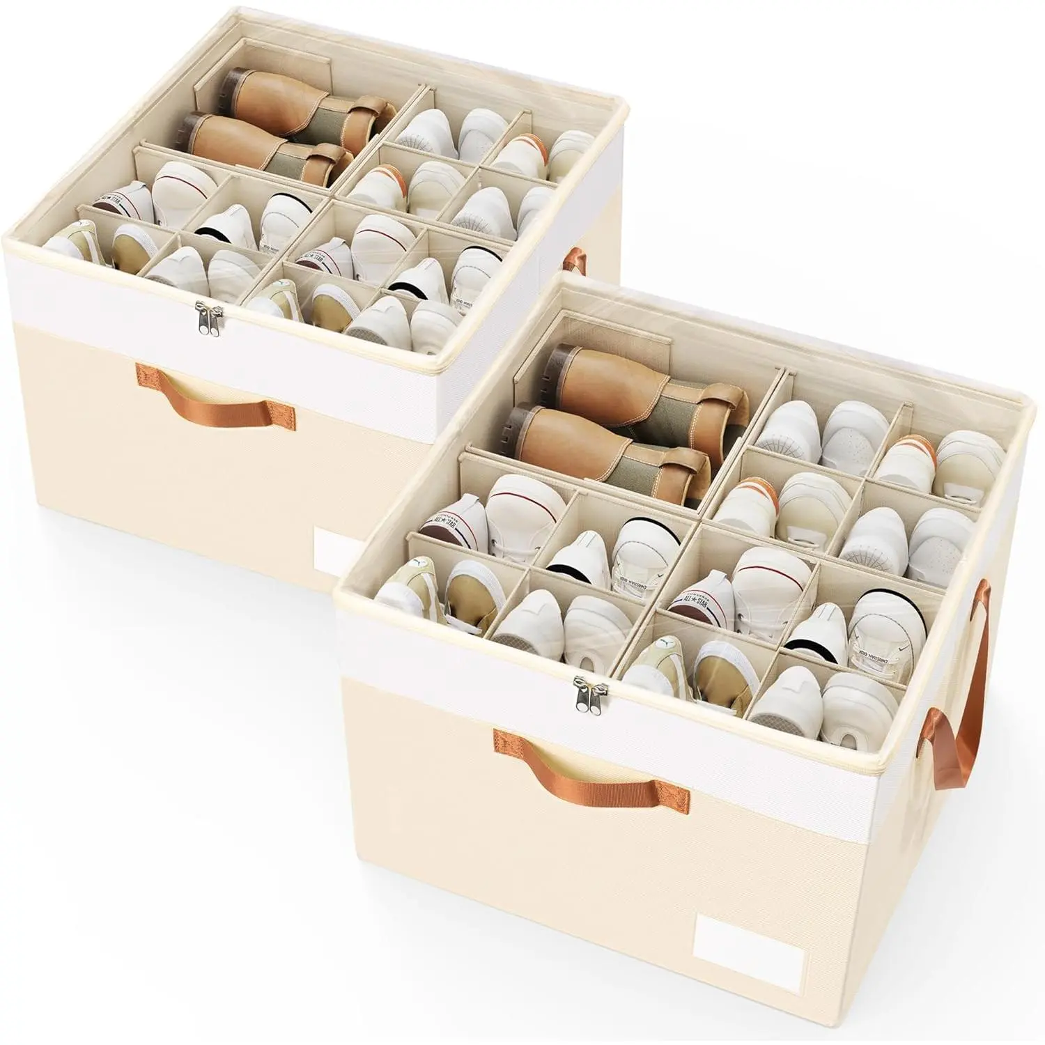 Shoe Organizer for Closet, 2 Pack Foldable Shoe Storage Organizer Box Bin with Adjustable Dividers and Clear Cover, Closet Shoe Storage for Sneakers Sandals Boots, Fit 16-32 Pairs, Beige