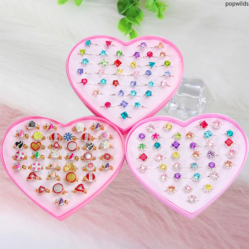 Kids' Adjustable Alloy Finger Ring Set - Exquisite Rhinestone-Accented, Heart-Shaped Box-Packed Gift Set for Girls, Finger Rings