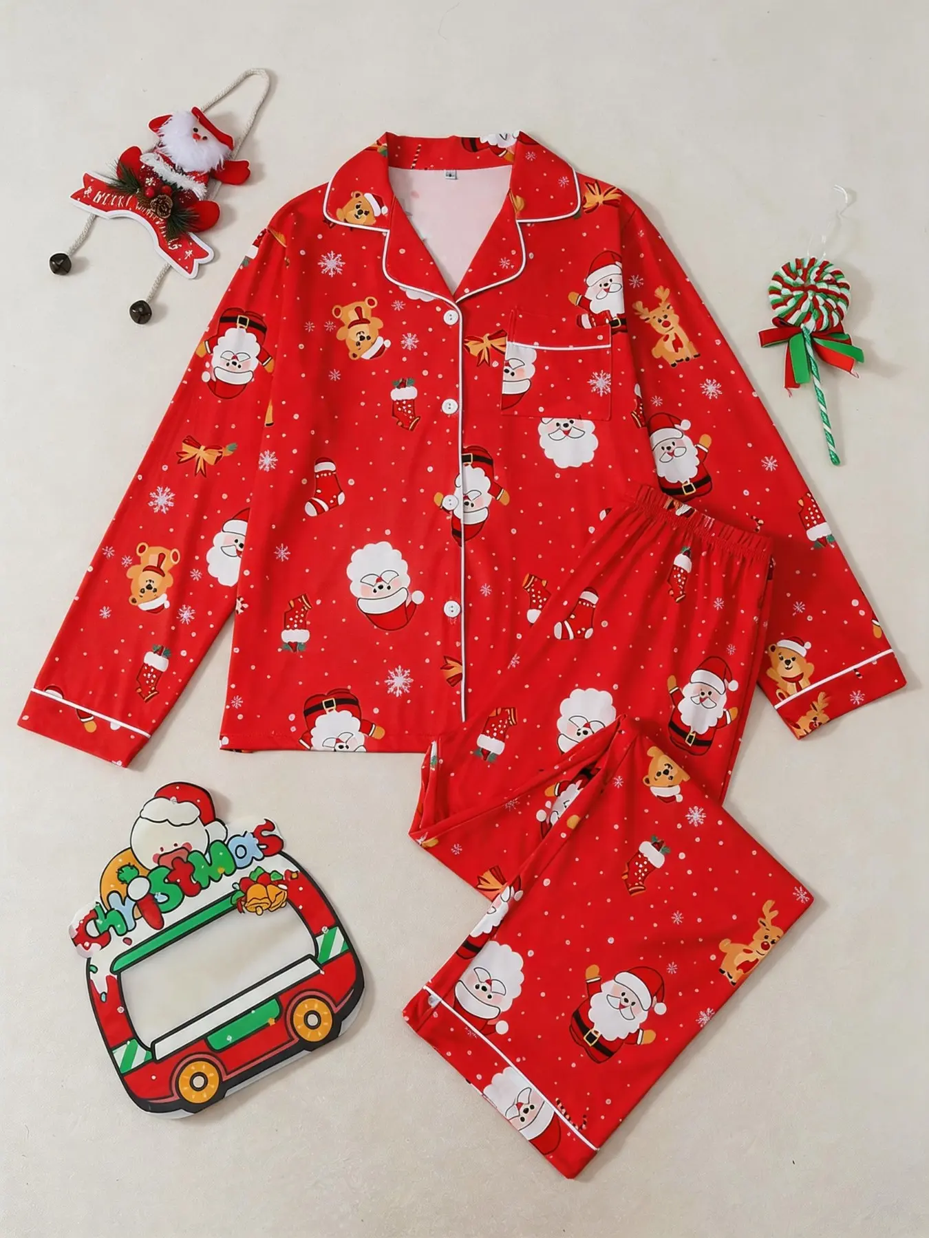 Christmas Reindeer Print Pajama Set, Breathable Fabric, Loose Fit, Long Sleeve, Fall & Winter, Women's Two-Piece