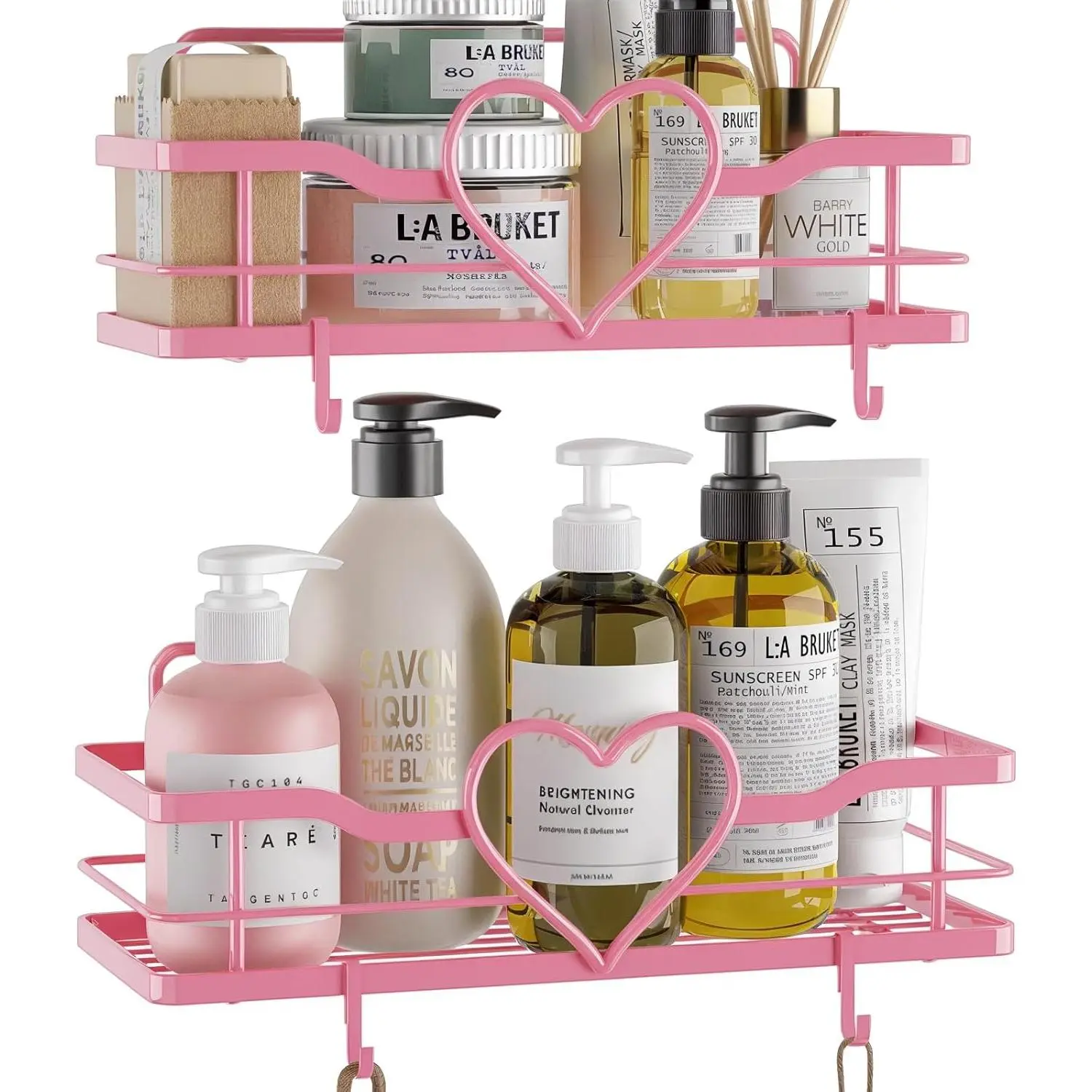 Pink Shower Caddy with 4 Removable Hooks, 2 Pack Sweet Heart Shower Shelves,No Drilling Adhesive Organizer Shelf for Bathroom Shower,Kitchen,Bedroom | Shower Shelf with 4 Removable Hooks,Holds 40 lbs,Rustproof Metal,For bathroom,kitchen,dorm,Cute Shower O