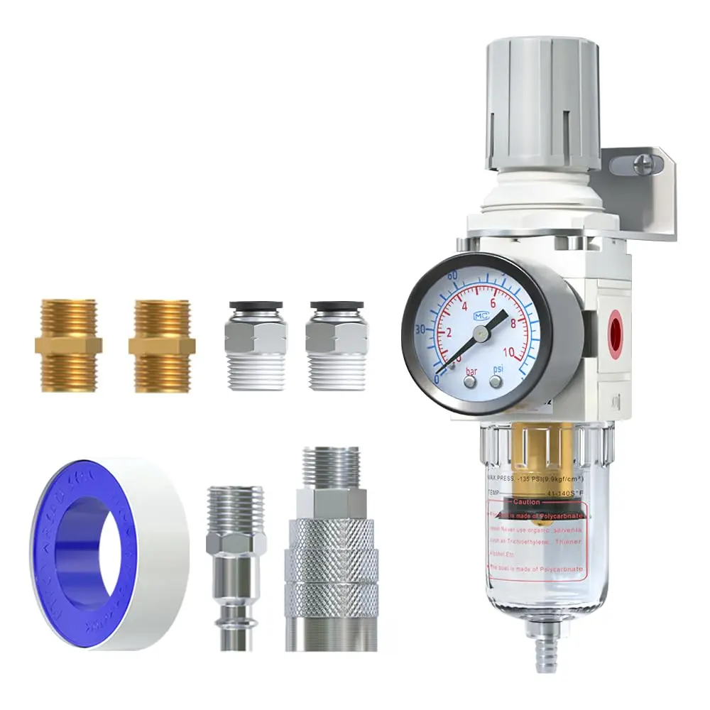 1/4"NPT Air Filter Regulator Combo Piggyback,5 Micron Brass , Semi-Auto Drain,Air  Regulator AW2000-02,0-150 psi Gauge
