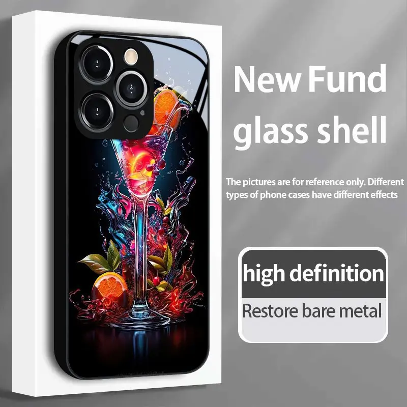 Tempered Glass Phone Protect Cover - High Definition Colorful Cocktail Print, Multi-Model Fit for iPhone Series 17 Air, 16, 15 Pro Max, 14 Plus, 13, 12, 11