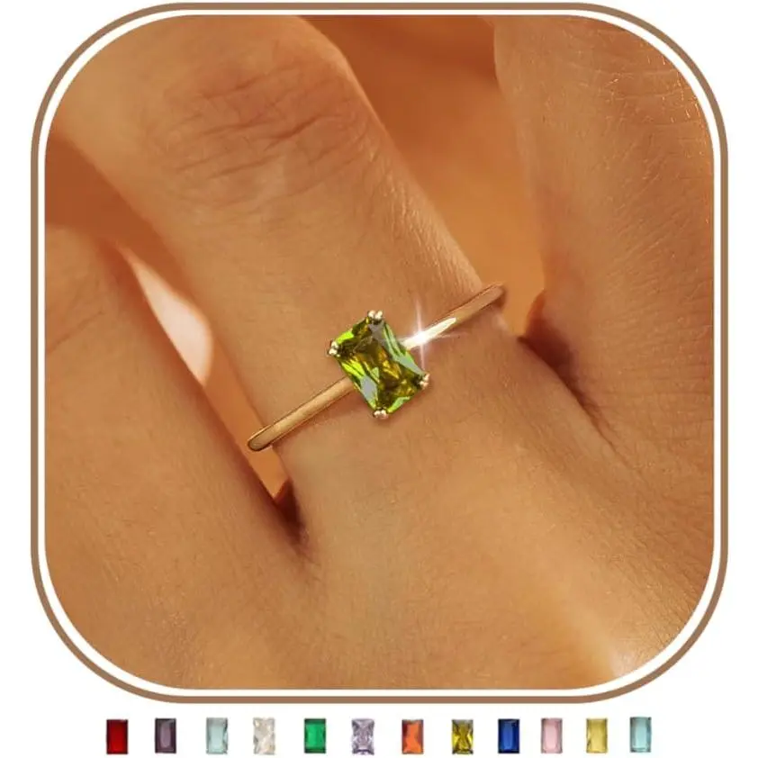 Gold Birthstone Rings for Women Non Tarnish 14K Gold Plated Stackable CZ Thumb Eternity Rings Dainty Emerald Green Gemstone Engagement Ring for Mother Lover Birthday Jewelry Gifts Size 6-10