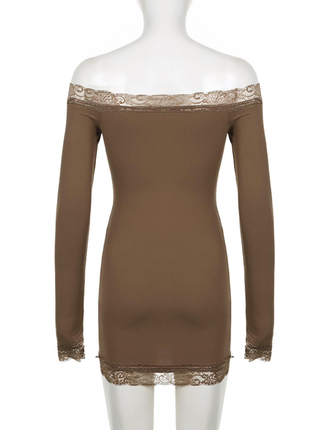 Women's Contrast Lace Off Shoulder Bodycon Party Dress, Elegant Long Sleeve Mini Dress for Parties, Clubs and Dating, Ladies Spring & Fall Clothes, Valentine's Day Gift for Her