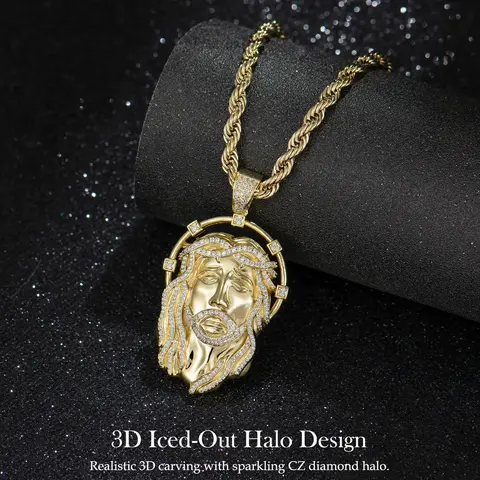 14k Real Gold-Plated Mens Jesus Pendant Necklace, Iced Out Jesus Head with Halo, CZ Diamond Hair & Fully Paved Bail, Hip Hop Religious Jewelry, Gift for Fashion Lovers,Father's Day Gift