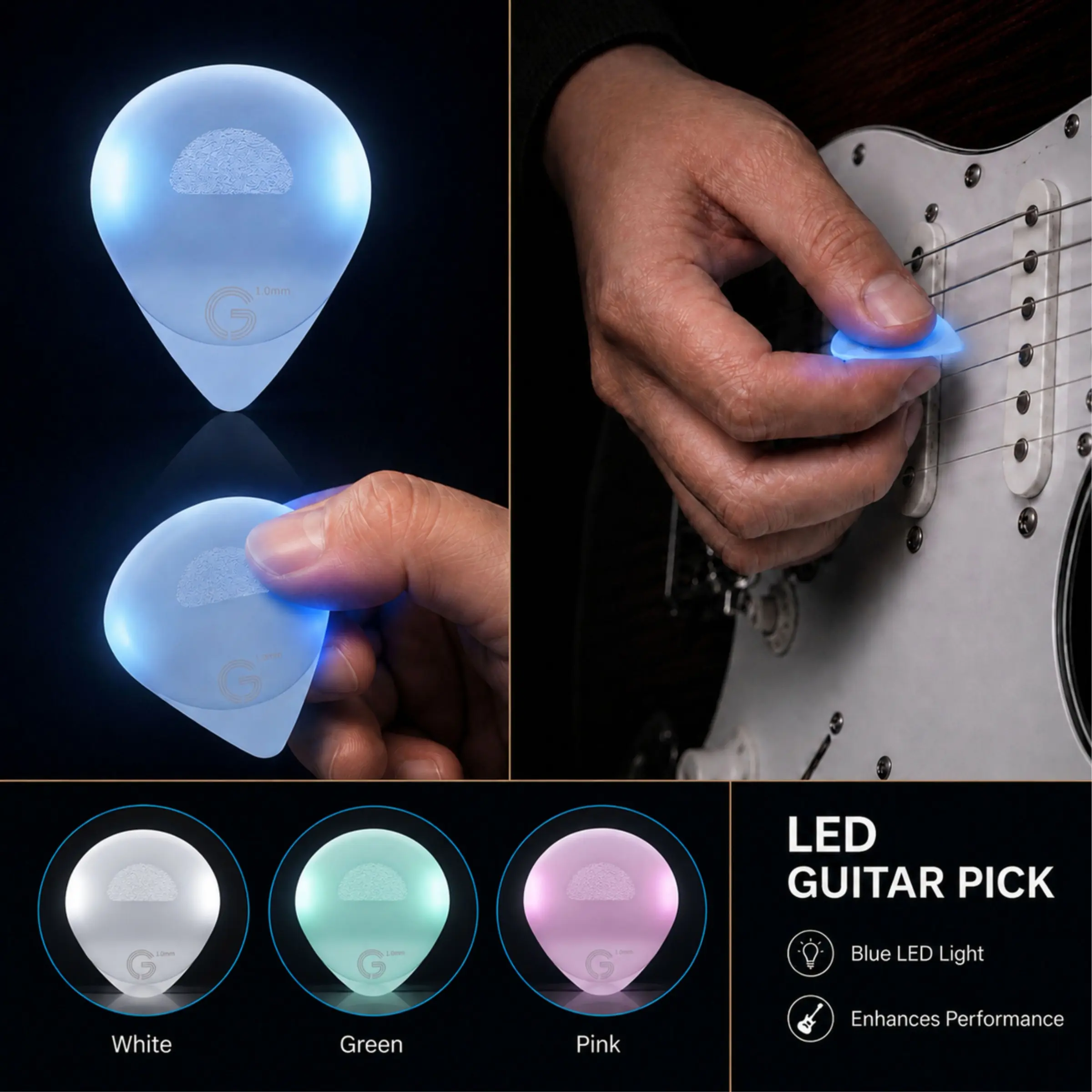 LED Guitar Picks with Replaceable Battery, Light Up Guitar Pick for Acoustic & Electric Guitar, Bright Glow Guitar Accessories for Stage Performance, Enhanced Visibility