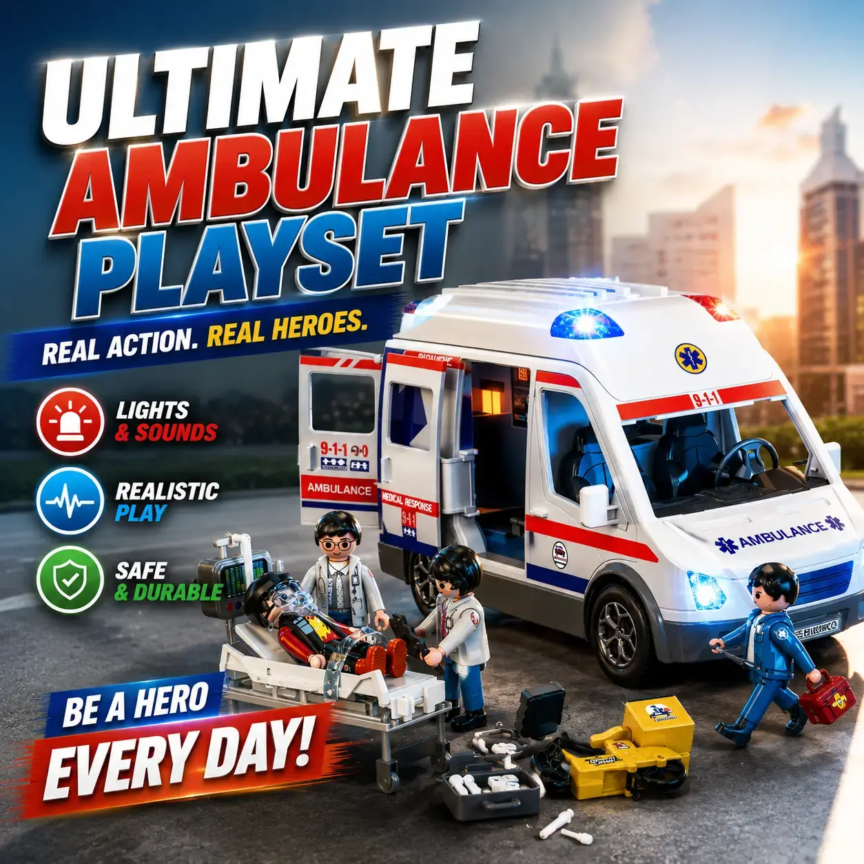 aopuro_us Unisex Children's Metal Ambulance Model Toy Set - 3-4 Years Role Play STEM Puzzle with Puzzle Parts, Sound & Light Truck, 4 Toy Figures, Safety Theme Gift for Children Development, Sound And Light