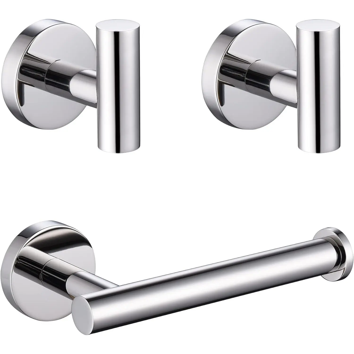 Premium Stainless Steel Modern Bathroom Hardware Complete Kit, 3-Piece Wall-Mount Polished Chrome Set with 5-Inch Toilet Paper Holder, 2 Towel Robe Hooks, Rust-Resistant Round Edges for Indoor Use