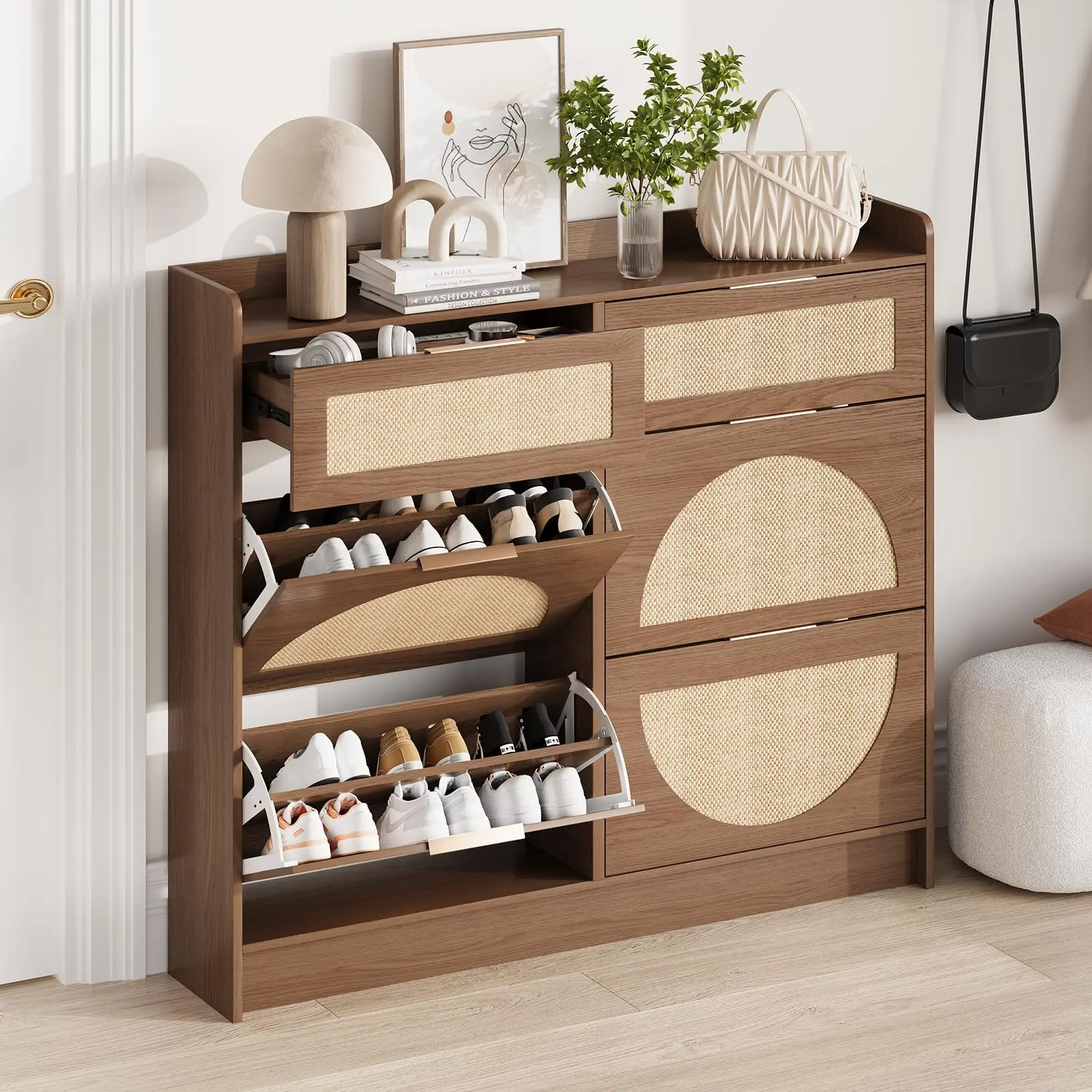 Wide Freestanding Rattan Shoe Cabinet, 4 Flip Drawers & 2 Regular Drawers, Adjustable Shelves and Metal Handles, Hidden Narrow Storage Organizer for Entryway & Hallway, Rustic Oak Finish