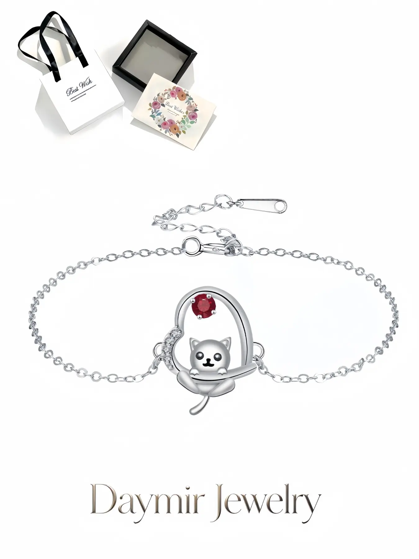 "Red Gem Kitty Heart", unique niche heart cat gem bracelet for women with delicate drawer jewelry box, perfect gifts for birthday, Mother’s Day, Valentine’s Day, Christmas and anniversary.