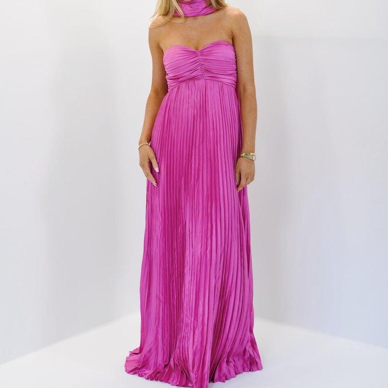 Women Long Dress Solid Color Pleated Tube Dress Summer Fashion Backless Casual Strapless Dress with Choker Scarf Light Polyester