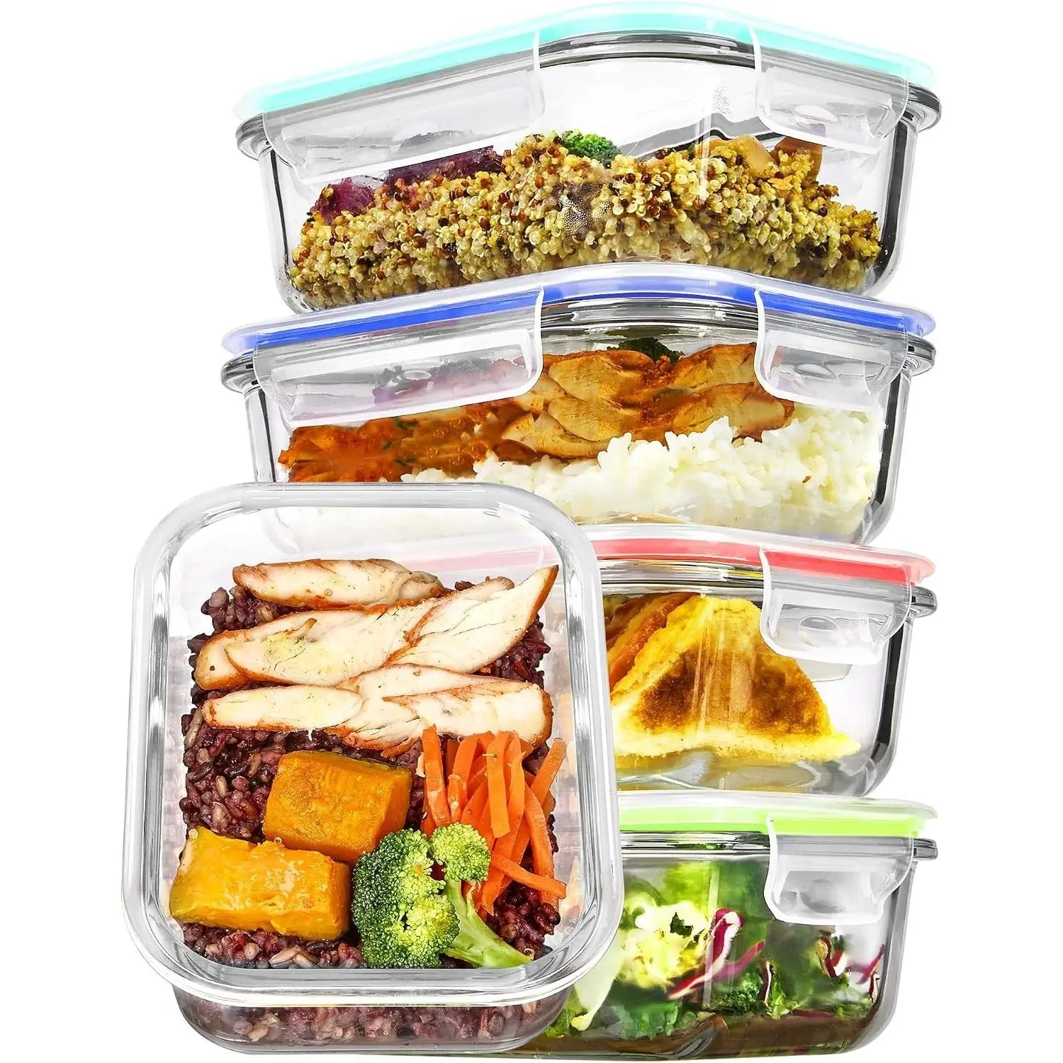 5 Pack 22oz Glass Meal Prep Containers with Airtight Snap Lids, Multicolor, BPA-Free, Microwave Oven Freezer Dishwasher Safe Food Storage SetGift