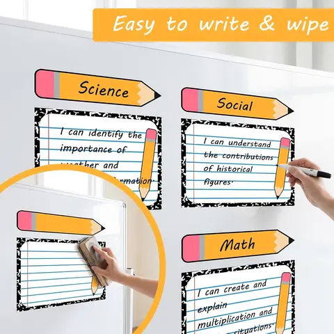 11-Piece Pencil-Themed Dry Erase Magnetic Writing Tablets, Reusable Organization Chart, Classroom Learning Writing and Erasable Drawing Board for Goals, Suitable for Whiteboards, Teachers, and Home Teaching, Essential Items for Returning to School