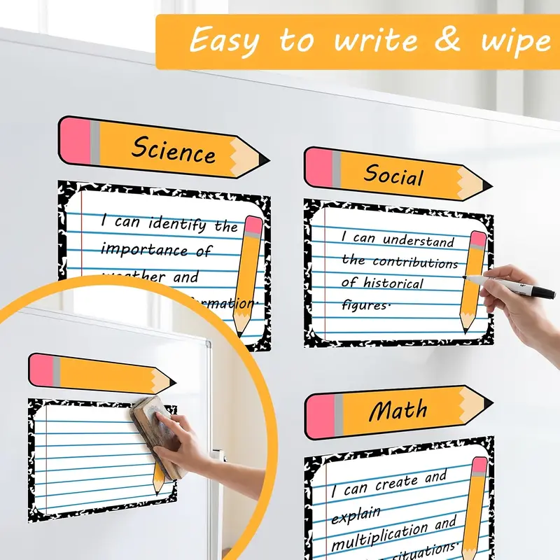 11-Piece Pencil-Themed Dry Erase Magnetic Writing Tablets, Reusable Organization Chart, Classroom Learning Writing and Erasable Drawing Board for Goals, Suitable for Whiteboards, Teachers, and Home Teaching, Essential Items for Returning to School