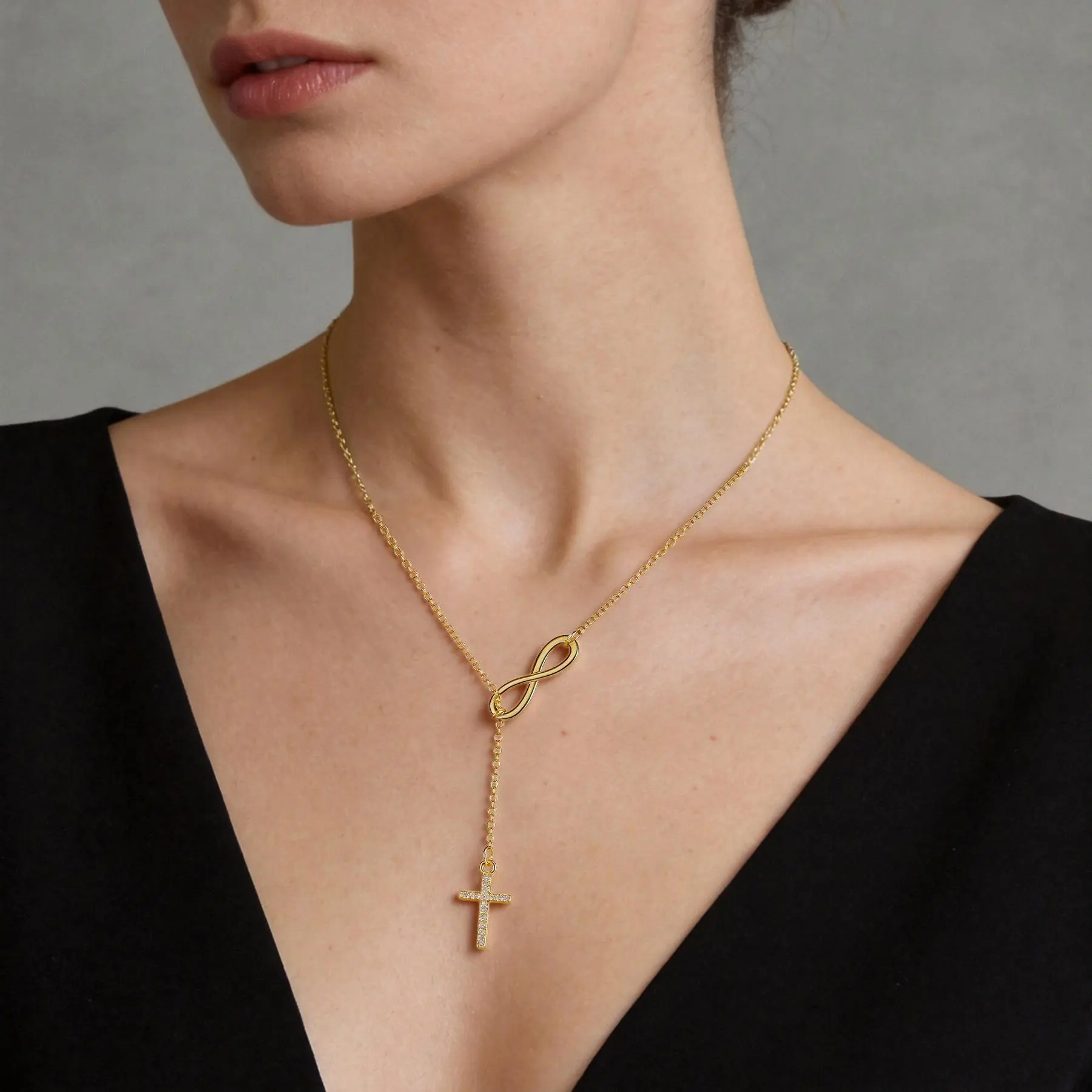 Luxurious 14K Gold Plated Infinity Long Necklaces Inlaid Cubic Zirconia Cross Pendant for Women, Anti Oxidation Waterproof Necklace,Exquisite Christian Religious Jewelry Gifts