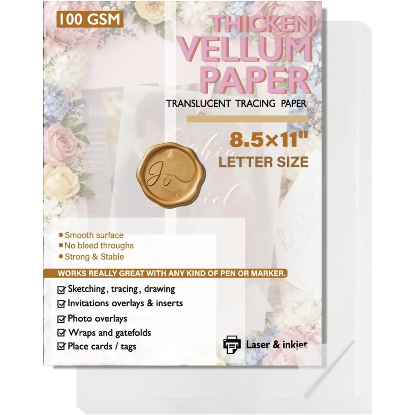 Modern Translucent Vellum Paper, 8.5x11 in, 100gsm/68lbs, 35 Sheets - for Printers, Tracing, Invitations