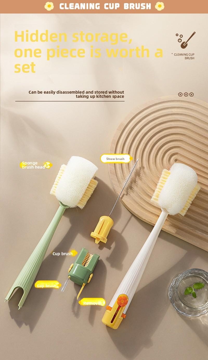 Long-handled multi-functional 5-in-1 cup brush, a handy tool for cleaning water cups, specially designed for cleaning thermos cup lids and baby bottles
