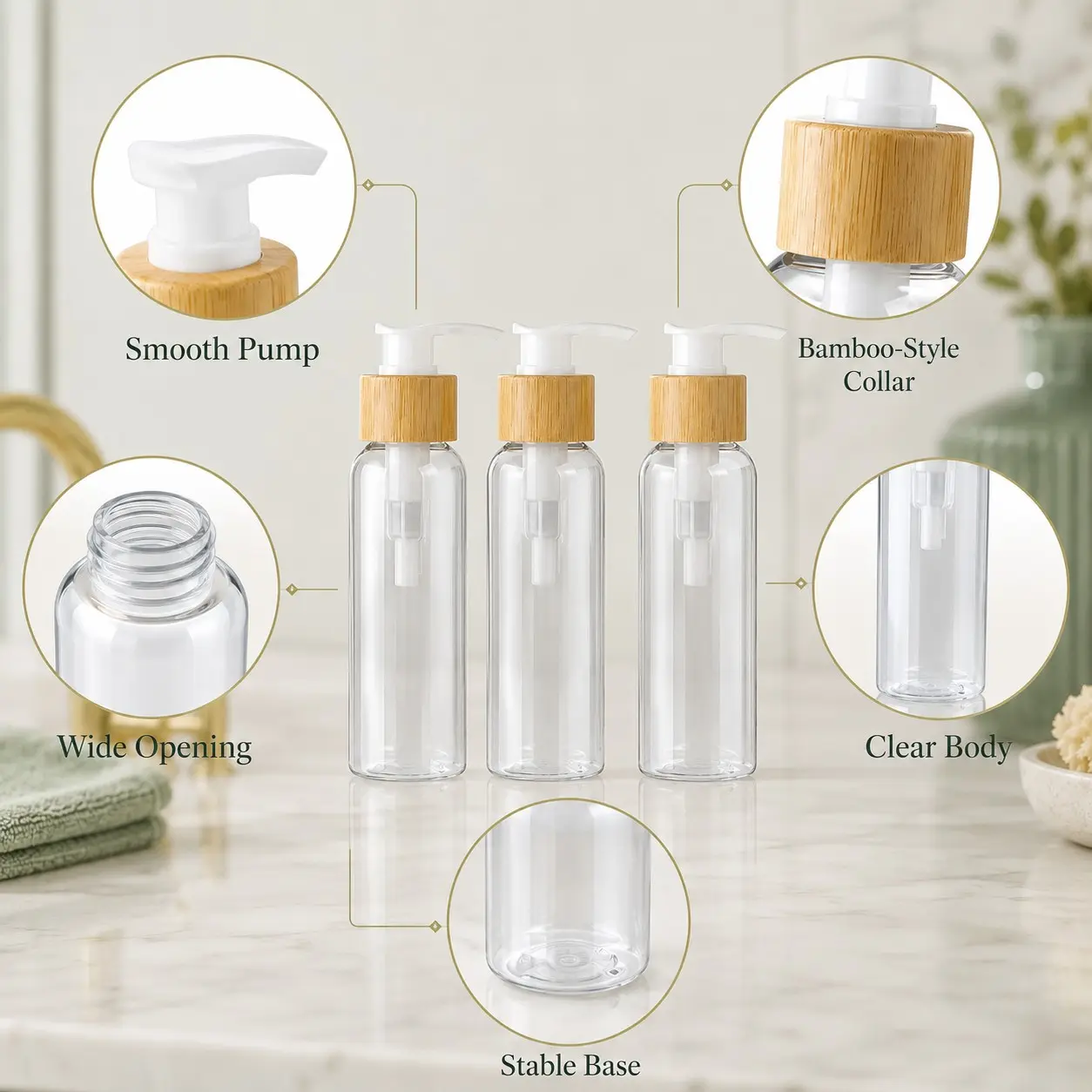 3-Pack 100ML Reusable Pet Pump Bottles, Liquid Dispenser Bottles for Shampoo, Hand Sanitizer, Travel Size, Press Type Soap Dispensers