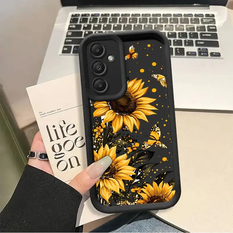Black Sunflower & Butterfly Pattern 2D Printed Cellphone Casing, Soft TPU Shockproof Cover for Samsung Galaxy S26 S24+ S25 S23 S22 S21 Ultra FE Note20 A54 A53 A52 A36 A35 A34 A33 A17 A18 A16 A15 A14 A13 Handheld Devices, Full Body Camera Lip Protection