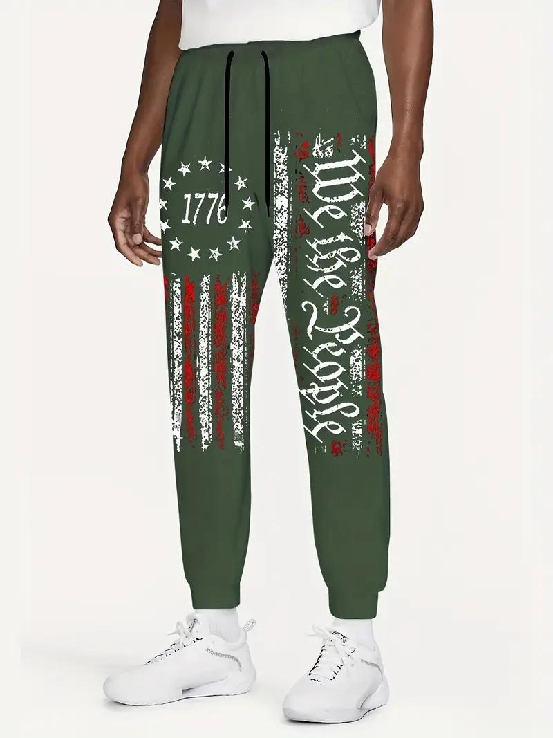 Men's patriotic 1776 flag and Declaration of Independence printed running pants - casual sports ankle pants with drawstring, machine washable polyester fiber, perfect for celebrating