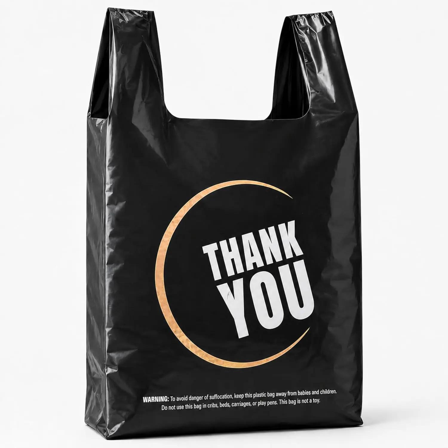 50 Count Black Thank You T-Shirt Bags, 11 x 6 x 21 in | Durable HDPE with handles, black Thank You print, carryout sacks for grocery, retail, takeout and small business