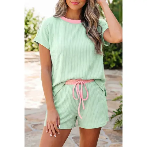 Women's 2-Piece Knit Ribbed Lounge Set - Loose Breathable Casual Color Block Short Sleeve Top & Adjustable Drawstring Shorts, Beach Travel Essentials