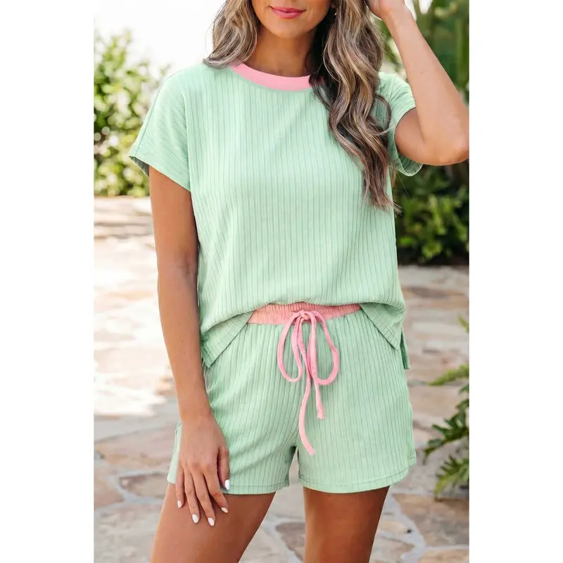 Women's 2-Piece Knit Ribbed Lounge Set - Loose Breathable Casual Color Block Short Sleeve Top & Adjustable Drawstring Shorts, Beach Travel Essentials