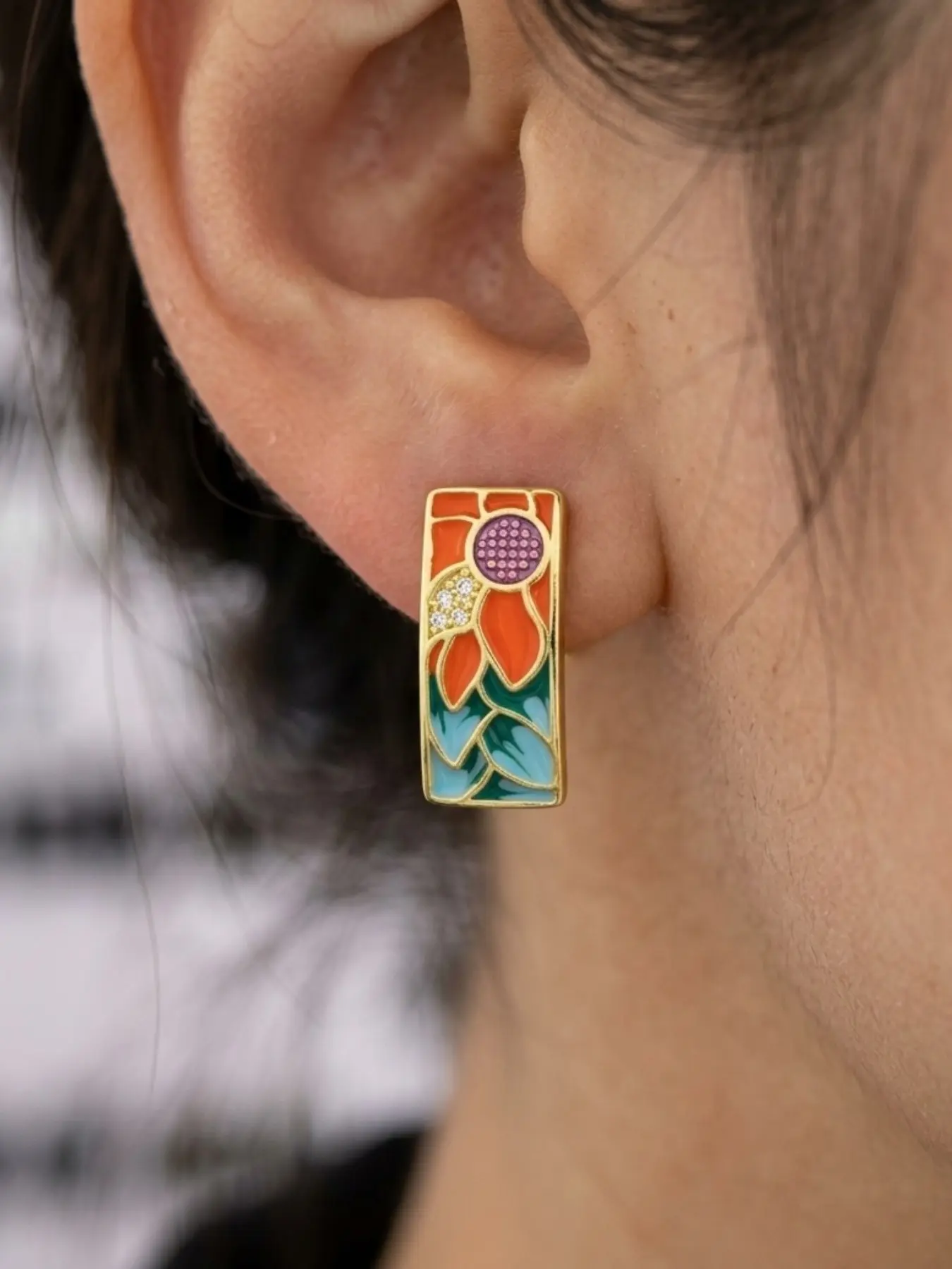Vintage French Countryside Enamel Flower Earrings, Hand-Painted Wide Hoop Ear Cuffs, Elegant Minimalist Floral Daily Accessories