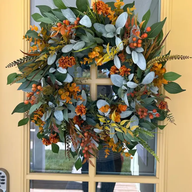 18-Inch Autumn Wheat Hydrangea Wreath, Fall Harvest Door Wreath, Neutral Farm Style Thanksgiving Home Decor, Outdoor Use
