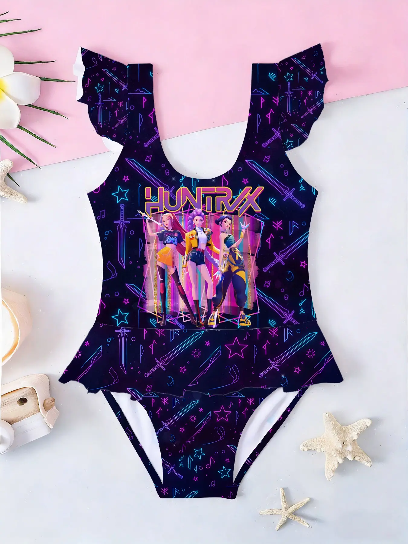 Girls' Kawaii Style One-Piece Swimsuit, Base Cyber Neon Sword Pattern, Cartoon Character Print, Sleeveless, Summer Beachwear