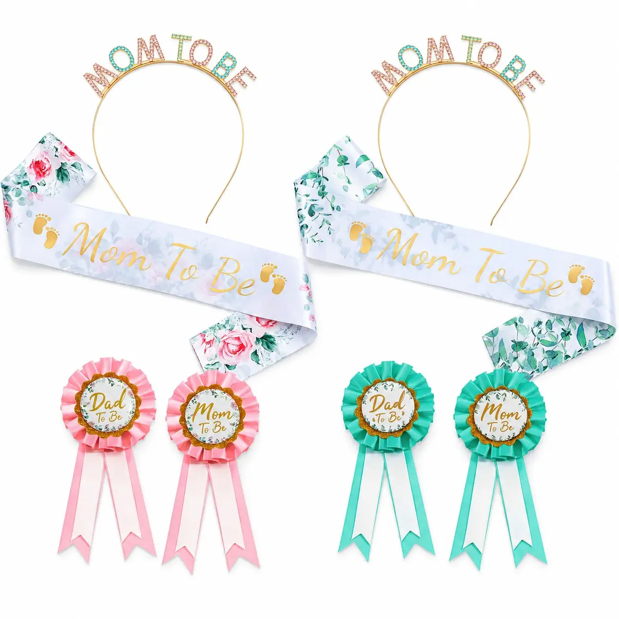 Mom-to-Be Main Character 4-Piece Baby Shower Set | Rhinestone Headband, Floral Sash, Mom & Dad-to-Be Badges for Party Photos, Gender Reveal & Pregnancy Celebrations