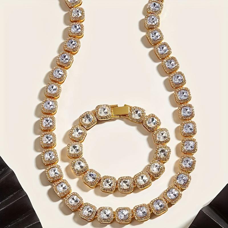 12mm Ice Cube Square Tennis Chain Long Stick Long Stick Chain Cubic Zircon 1 Row Cluster Artificial Diamond Tennis Necklace Bangle Hip Hop Jewelry for Men Women