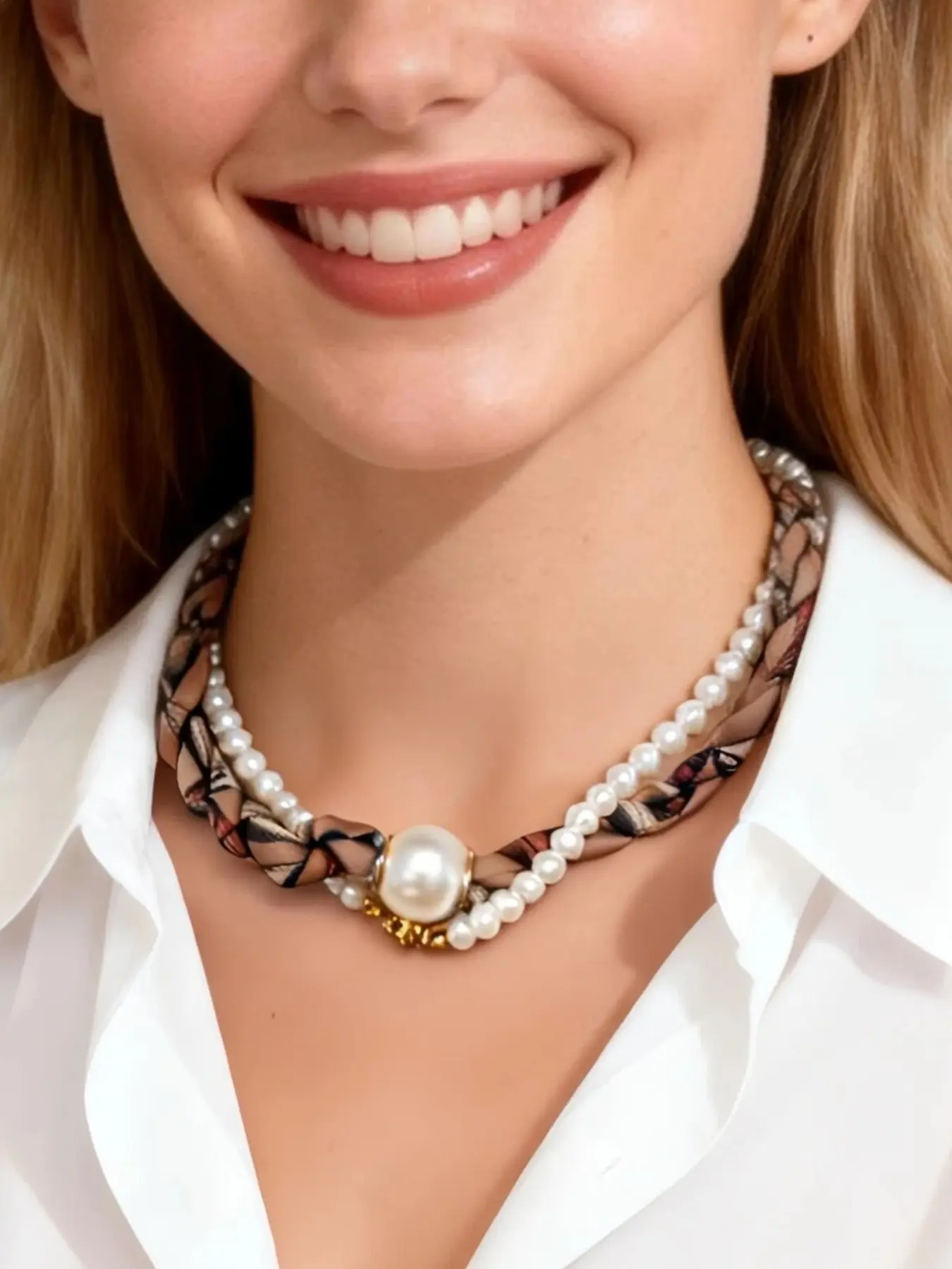 Pearl Magnet Clasp Necklace Set, Fashion Small Scarf Women's Collar Chain, Decorative Necktie Accessory, Holiday