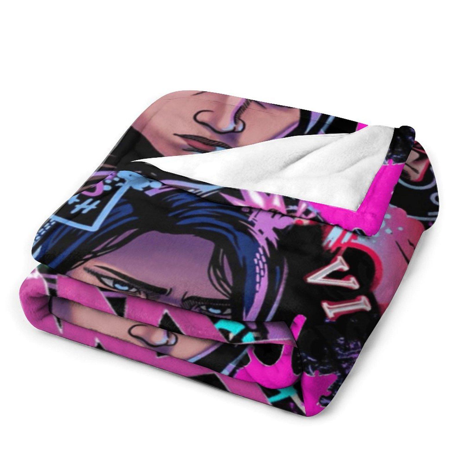 "Arcane" Jinx & Vi Graffiti Flannel Blanket — A Soft, Casual Throw. An Edgy, Neon-Punk Style Fleece Blanket Featuring Game Characters—A Unique Gift for Fans with an Aesthetic Sensibility. A Comfortable, Warm Throw Blanket for Sofas and Beds.