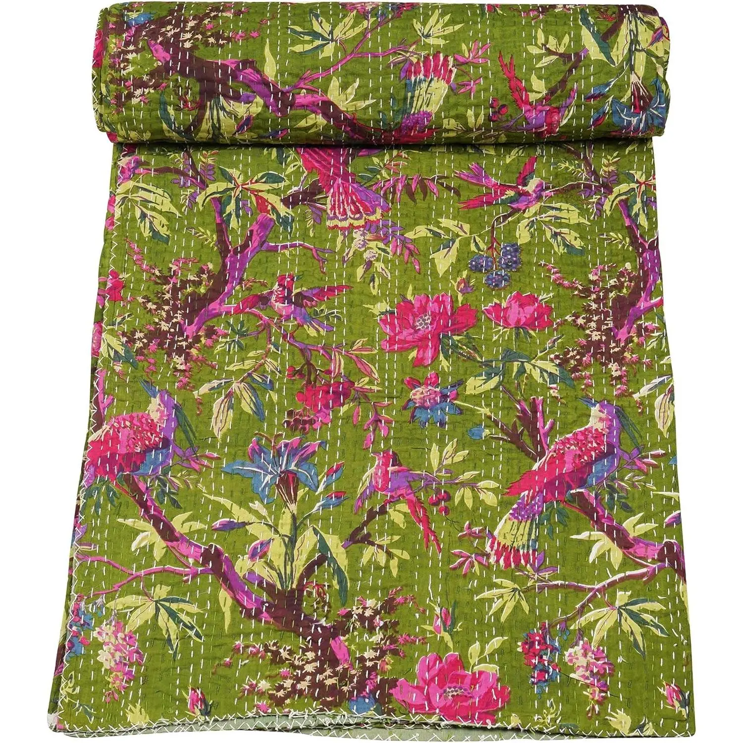Indian Handmade Stitched Pure Cotton Bohemian Bird Print Kantha Quilt (Mahandi, Twin (60"x 90"))