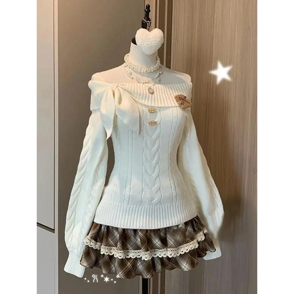 Christmas Vintage Kawaii Long Sleeve Sweater Gyaru Off Shoulder Jumpers Korean Winter Women Casual Fake Two Pieces Knitwear Y2k