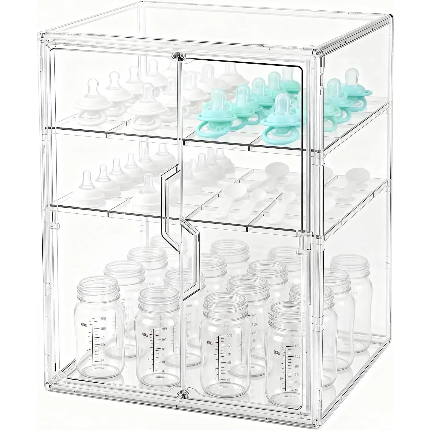Baby Bottle Organizer, 3-Tier Bottle Storage for Countertop with Double Magnetic Doors, Clear Plastic Bottle Station Organizer Mom Gifts with 2 Dividers for Kitchen, Bathroom, Cabinet, Vanity