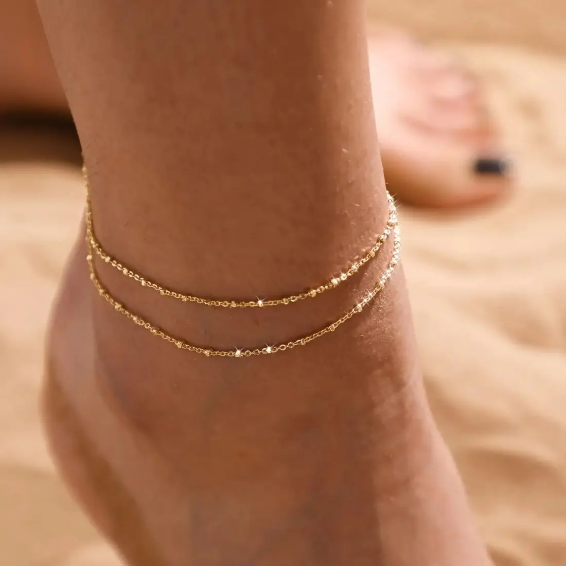 Golden Layered Square Dot Anklet, Waterproof Hypoallergenic, Best Beach Fashion Item for Women Fashionable  Accessories, Foot Jewelry, Beach Wear
