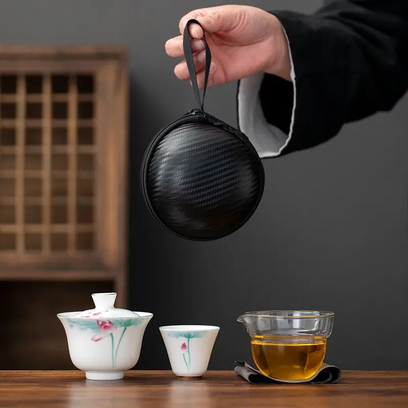 Lotus Tea Set, Chinese Kung Fu Ceramic Teapot, Portable Handmade Porcelain Tea Set, Creative Tea Cup, Ideal for Office, Living Room, Travel, Camping, Gift