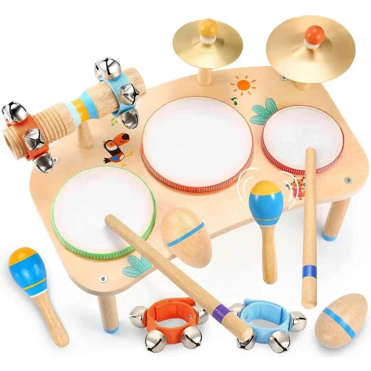 11-in-1 Kids Drum Set – Baby Musical Toys & Wooden Musical Instruments for Toddlers 1-3, Music Table with Bongo Drums, Cymbals, Maracas & Wrist Bells for Early Rhythm Play