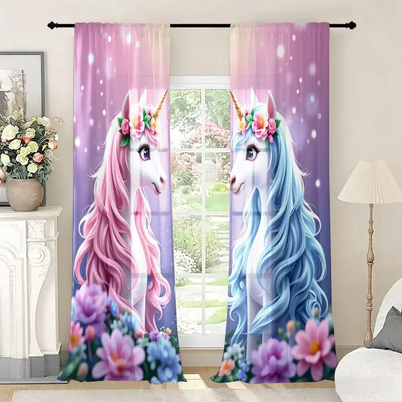 2pcs Blue Unicorn Floral Curtains, Semi Transparent Polyester Drapes, Rod Pocket, Fade Resistant, Kids' Bedroom Decor