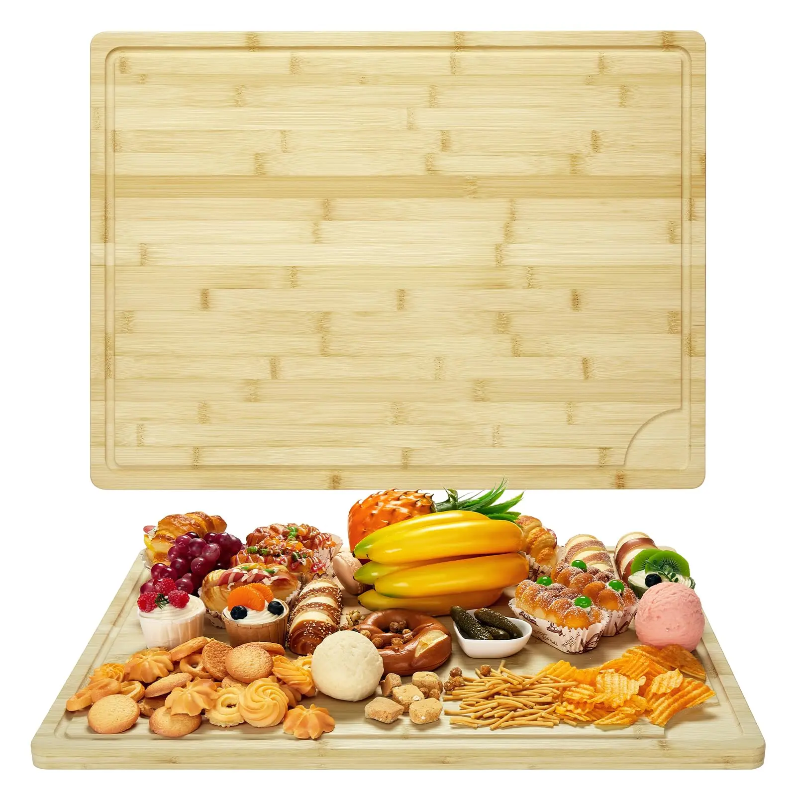 30" x 20" Extra Large Bamboo Cutting Board, Reversible Curved Butcher Block with Deep Juice Groove, Kitchen Chopping Board and Serving Tray for Meat, Cheese, Vegetables, BBQ