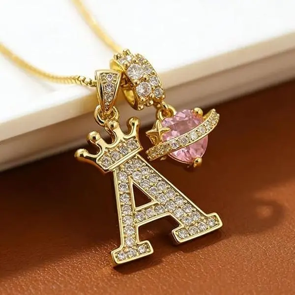 14K Gold Plated A-Z Letters Necklace Crown Initial Heart Pendant, Personalized Pink Heart Shiny Cubic Zirconia Pendant Alphabet Name Jewelry Holiday Gift Party Birthday Wedding Engagement Anniversary Jewelry