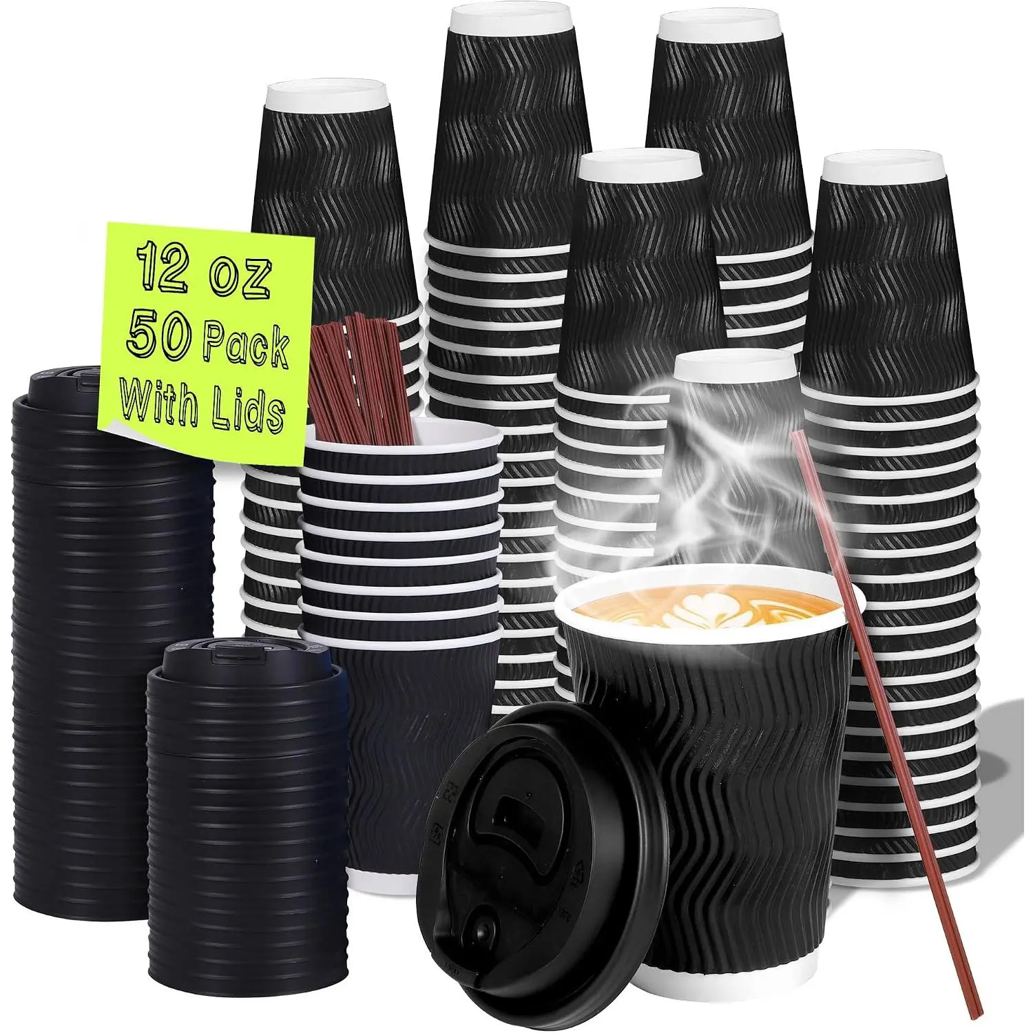 12 oz Disposable Coffee Cups with Lids 50 Pack, Leak Proof Insulated Ripple Wall To-Go Paper Coffee Cups for Hot/Cold Drinks - Black
