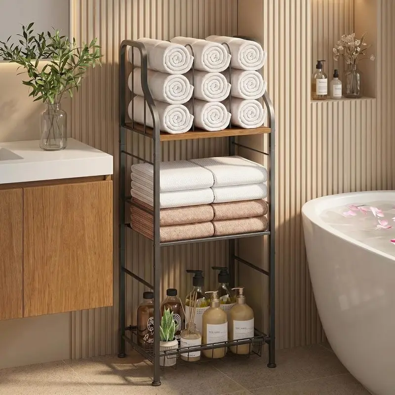 Functional 3-Tier Freestanding Modern Metal Towel Rack with Detachable Dividers, Floor Towel Holder for Bathroom, Small Space Storage