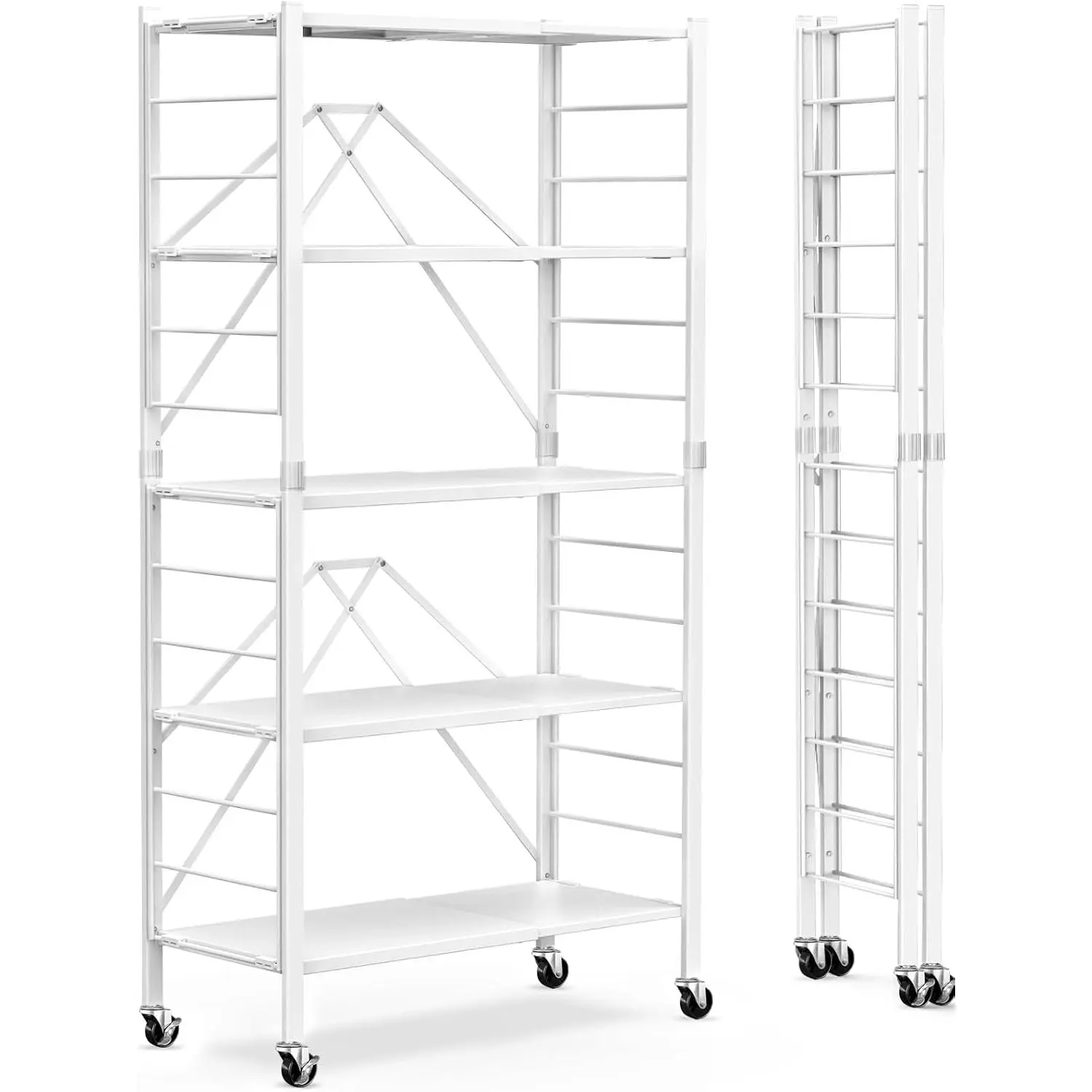 5-Tier Foldable Storage Shelves with Wheels Expandable Kitchen White | Folding shelving units, Metal collapsible organization, Changeable into 2 shelf units, Garage, Adjustable, Holds 2400 Ibs