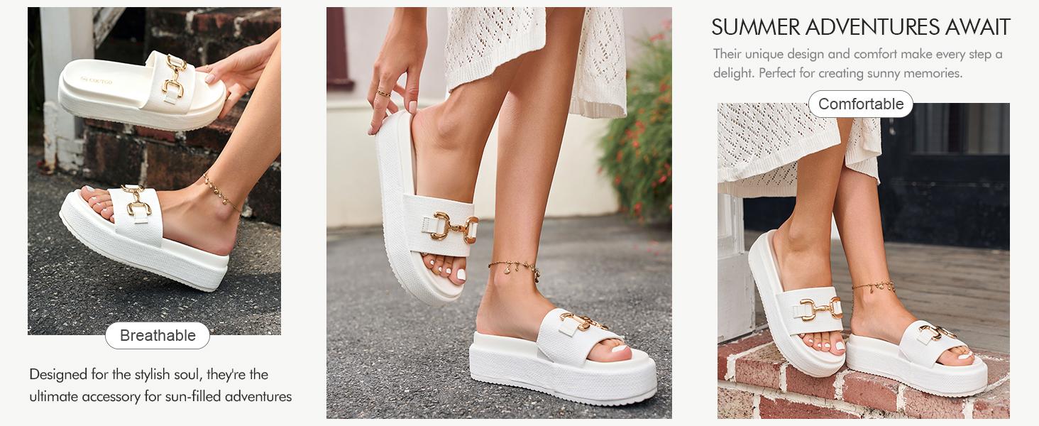 Coutgo Womens Platform Sandals Raffia Espadrilles Metal Chain Slip on Open Toe Cute Beach Slide Sandals