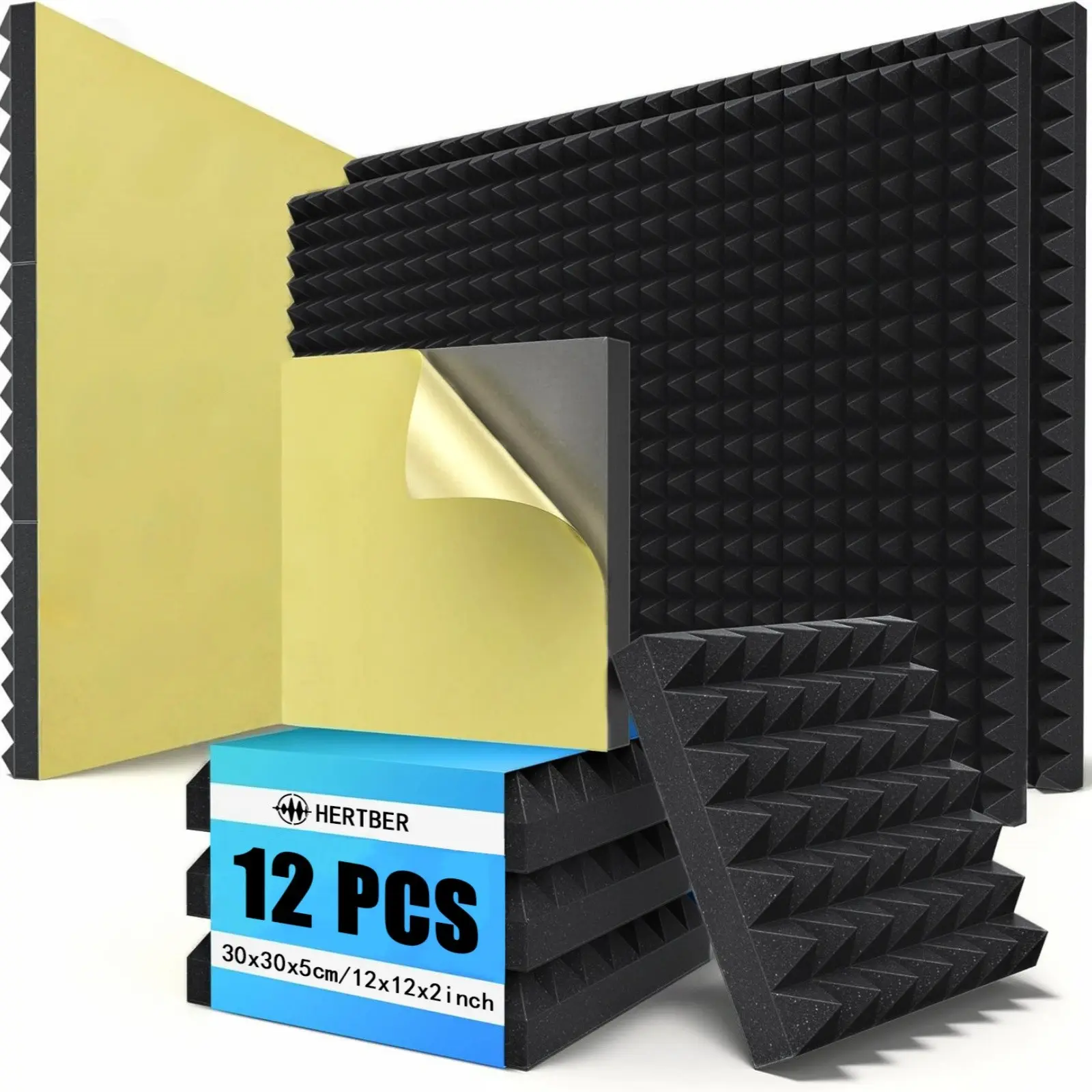 12Pcs HERTBER High Density Pyramid Sound Absorbing Foam Panels Self Adhesive 12×12×2 Inch Noise Reduction Panels for Wall Ceiling Studio Game Room Decor