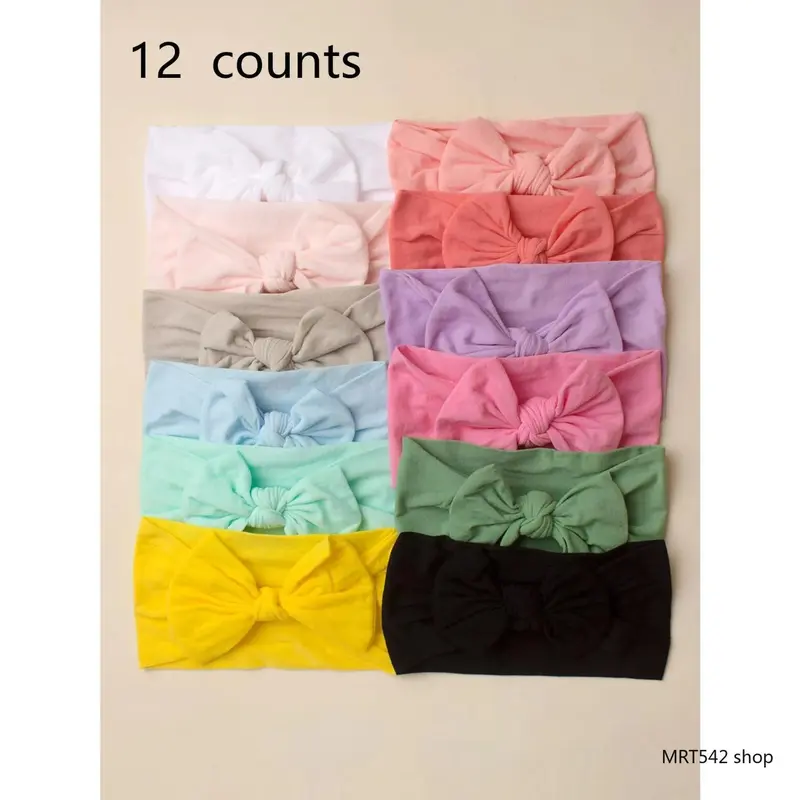 Newborn Turban Bow Headwrap Set, Soft Solid Color Nylon Hair Accessories, Elastic 1 Size Unisex, Baby Shower Gift